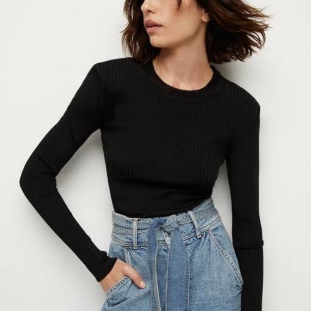 Line Black Ribbed Stretchy Cotton Modal Comfy Longsleeve Lightweight Knit Top